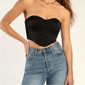 NEW - Lulus Date Night Winner Black Satin Strapless Bustier Crop Top. XSmall